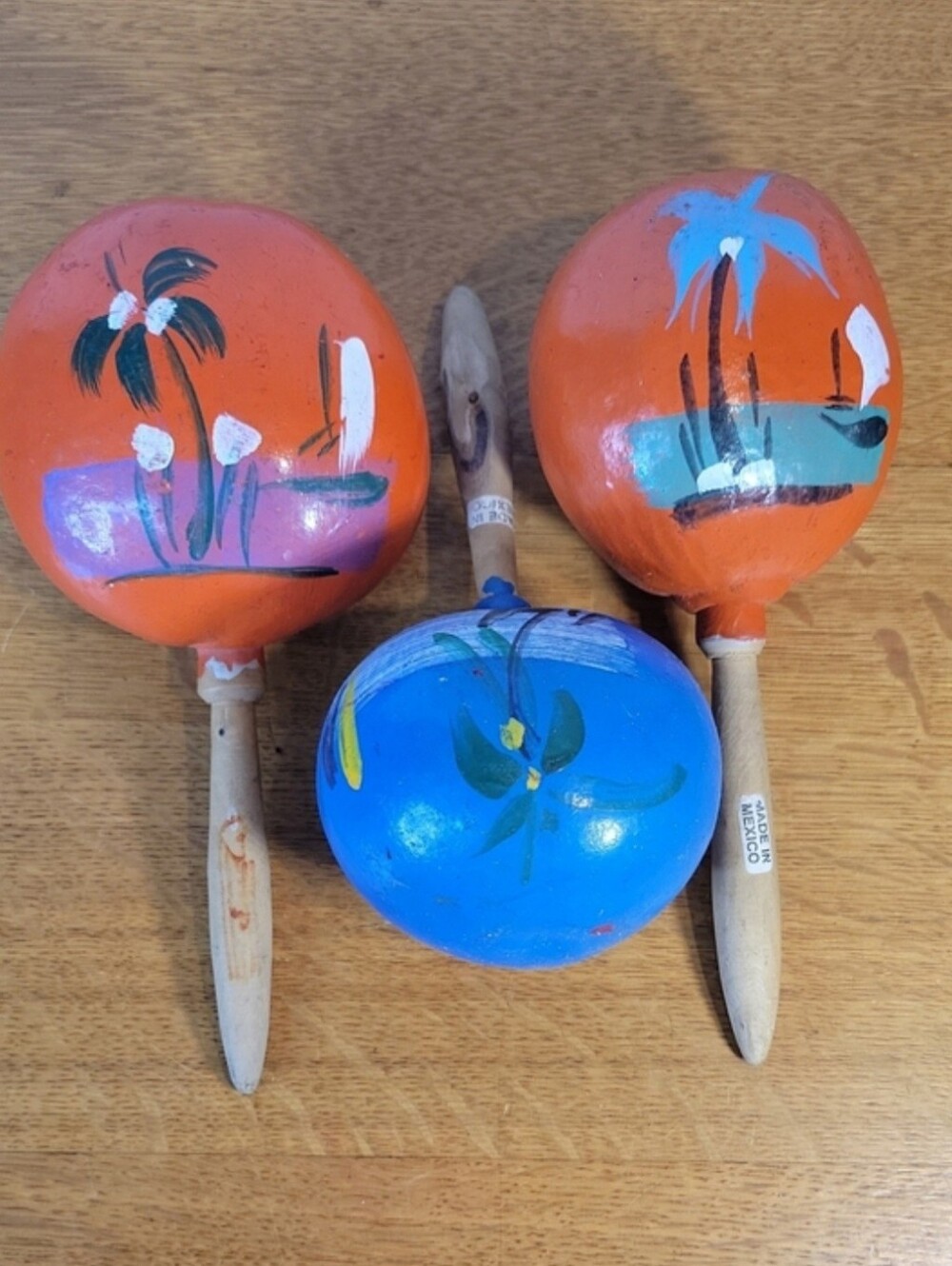 Hand-Painted Wooden Maracas Set Of 3 - 1 Blue, 2 Orange